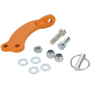 No current product description available for the AGCO | Locking Arm - Acv0750410, an orange metal bracket with a hole, accompanied by bolts, nuts, washers, and a cotter pin, all neatly arranged on a white background.