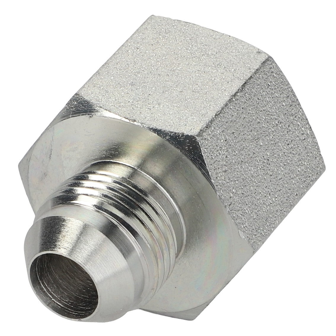 A close-up image of an AGCO Adaptor Fitting - Acp0059680 featuring a metallic hexagonal coupling with a threaded end and smooth interior. No current product description available.