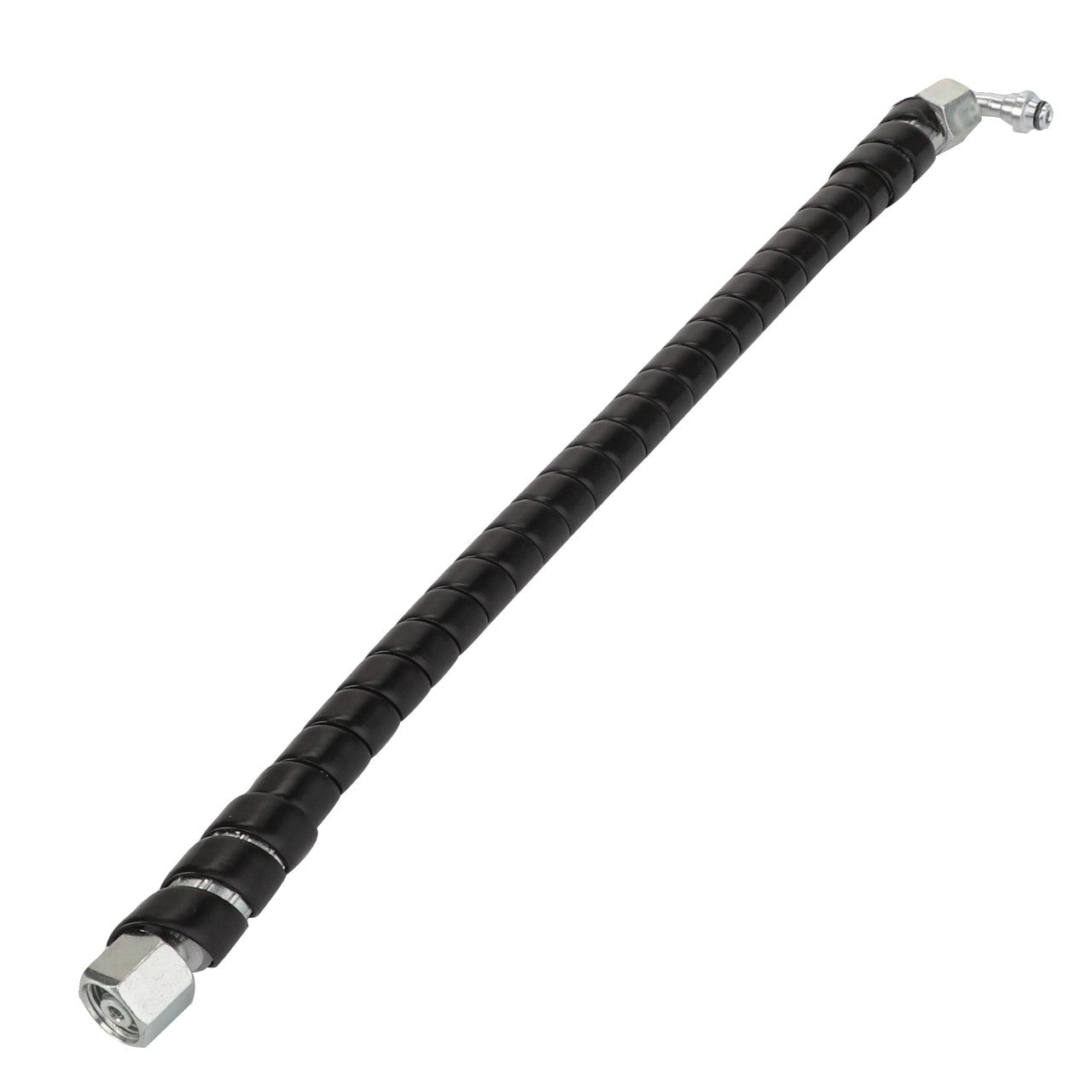 An AGCO | WARNING DECAL - ACP0538400, featuring a flexible black hose with glossy metal fittings on both ends—one straight and the other angled at 90 degrees—is set against a pristine white background.