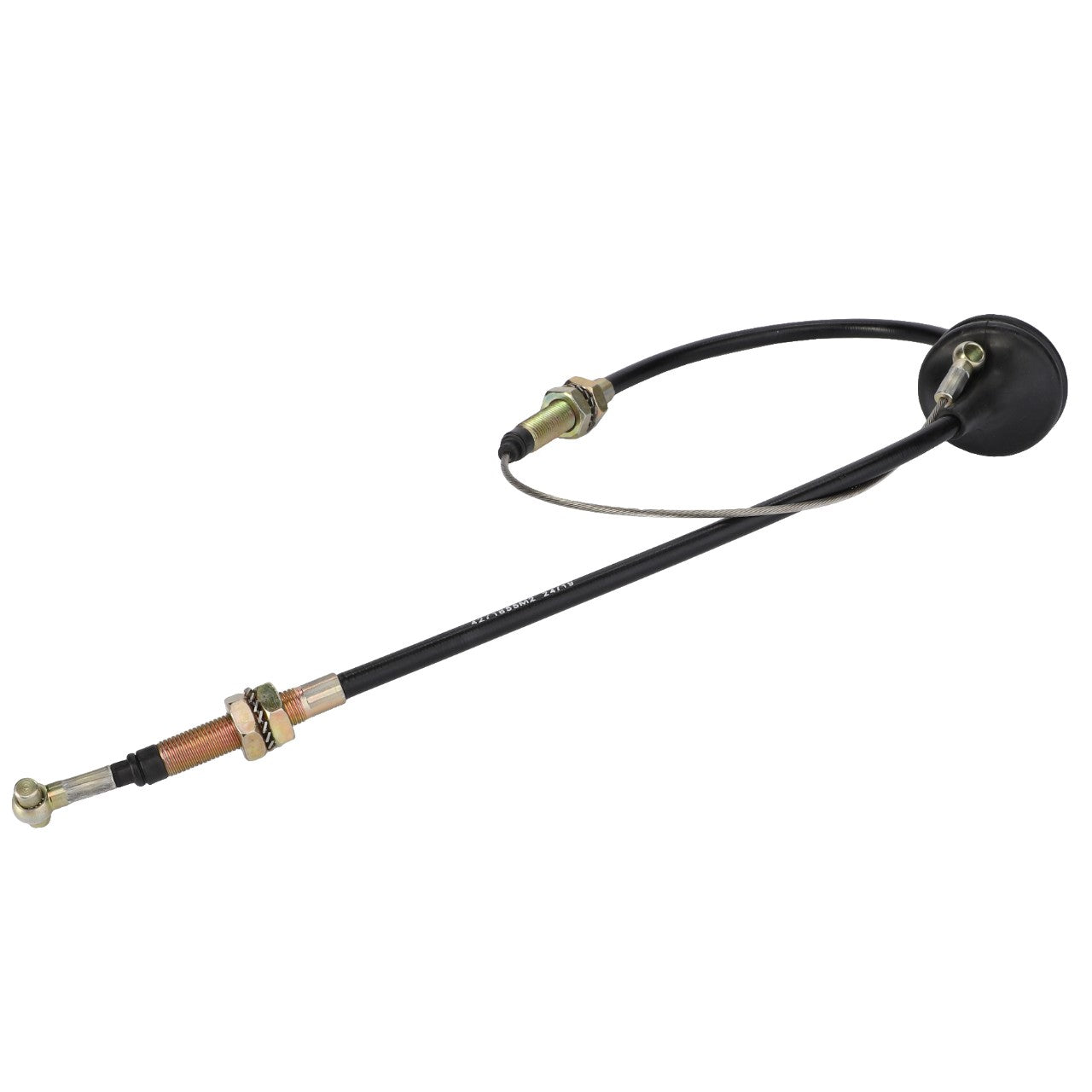 Image of the AGCO Cable, Handbrake - 4271655M2 with a flexible black sheath and adjustable metal components on both ends, compatible with various Valtra models.