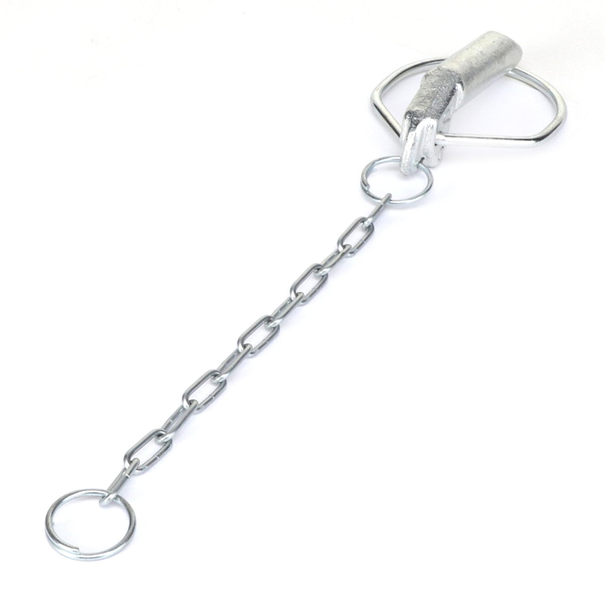 The AGCO Lynch Pin - F281870062061 is a metal chain featuring a loop on one end and a triangular clip on the other, ideal for securing or fastening tasks.