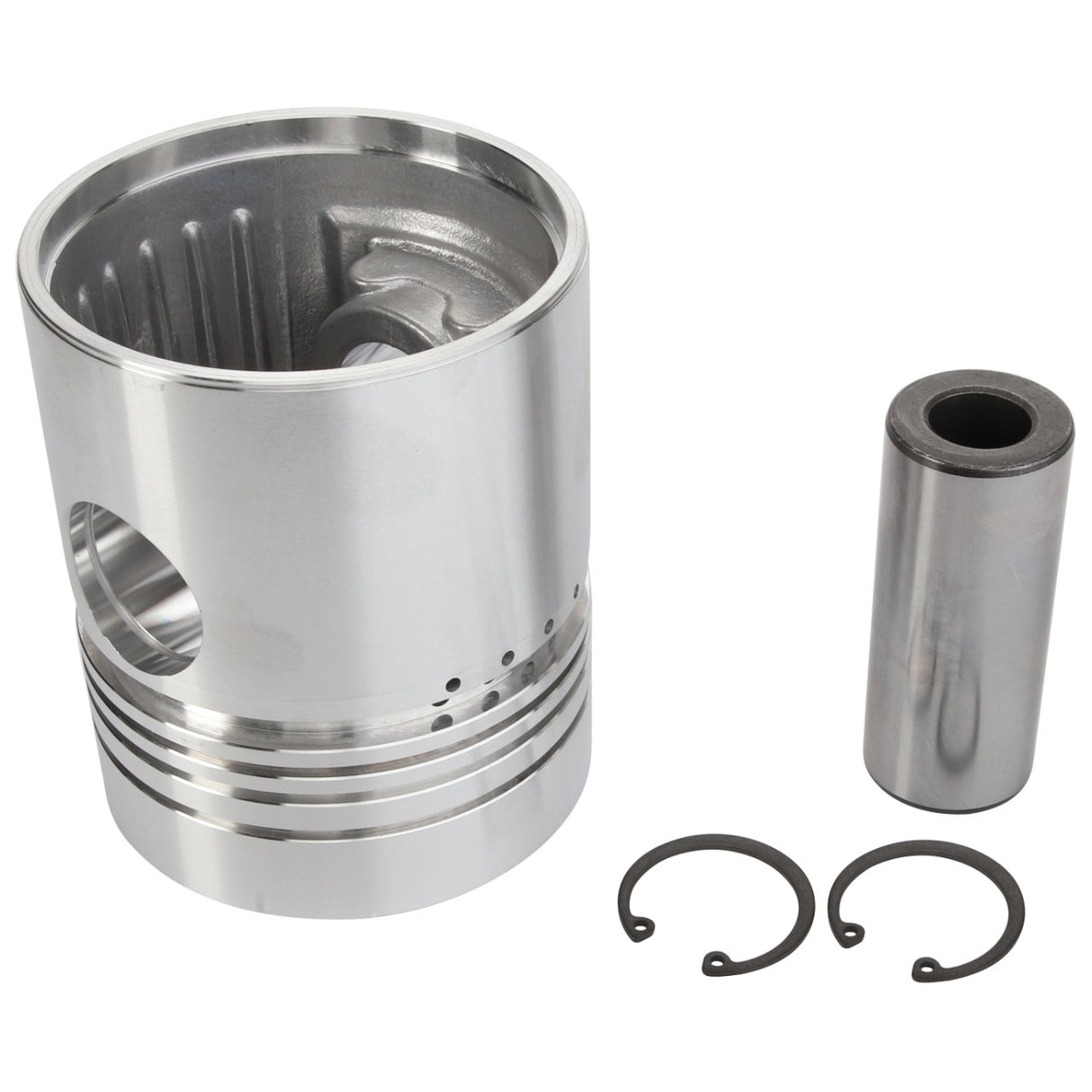 A silver AGCO Piston - 740821Z91 with grooves, a cylindrical pin, and two circular snap rings are arranged against a plain background, showcasing components that contribute to engine performance.