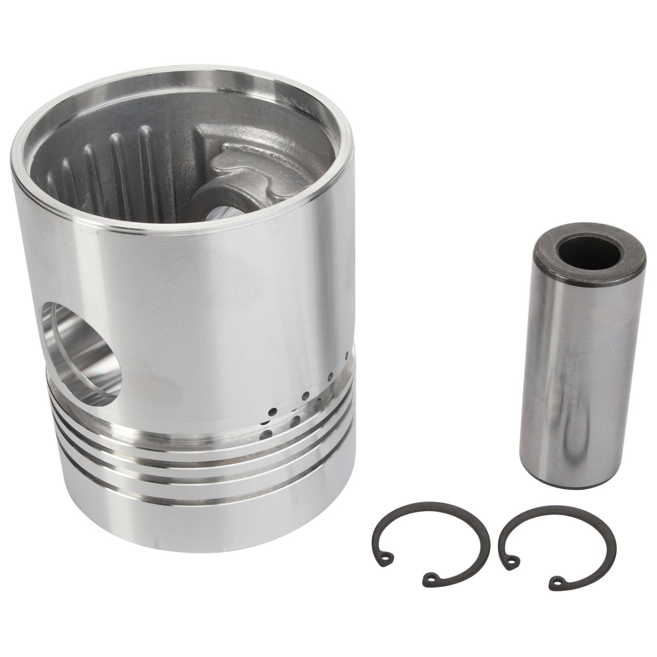 A silver AGCO Piston - 740821Z91 with grooves, a cylindrical pin, and two circular snap rings are arranged against a plain background, showcasing components that contribute to engine performance.