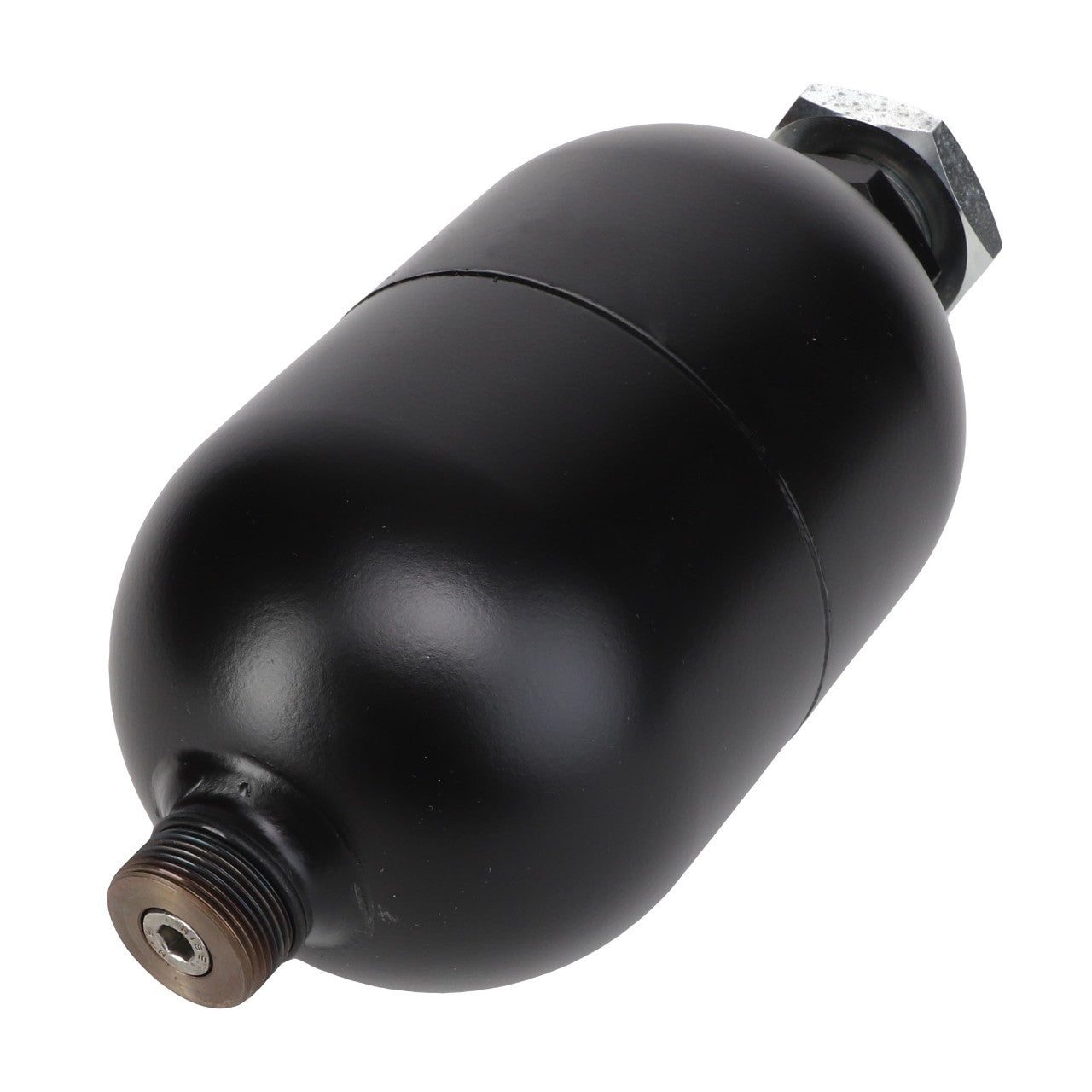 The AGCO Diaphragm Accumulator, 1 L - Acw112195A is a black cylindrical object with threaded fittings on each end, designed for energy storage.