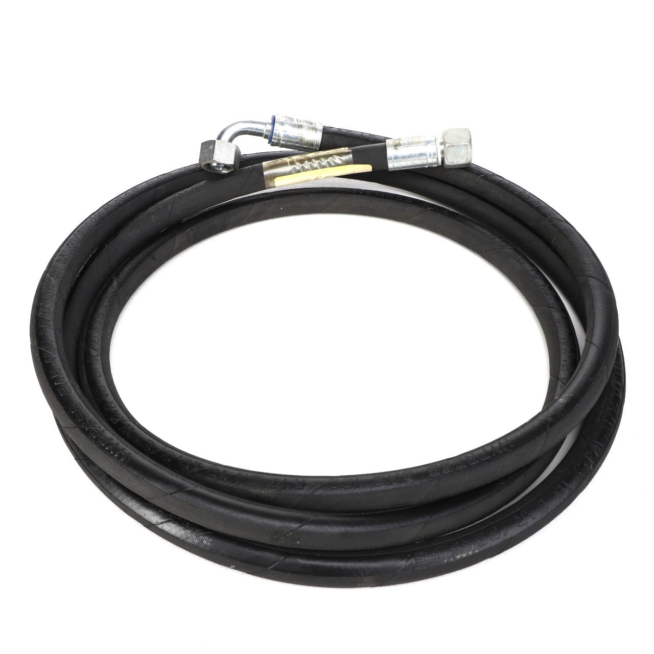 The AGCO HYDR. HOSE - AL1103183 is a coiled black hydraulic hose featuring metal fittings on both ends, though it currently lacks detailed product description information.