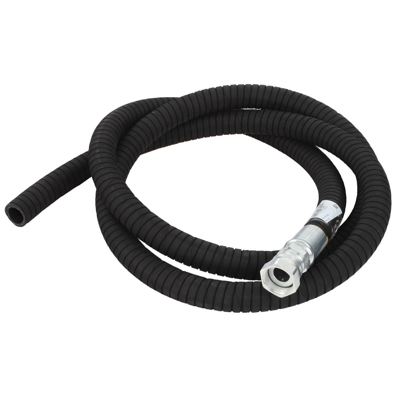 A coiled AGCO Oil Drain Hose - Acw1930380, characterized by its black flexible material and a metallic connector on one end, is shown against a white background.