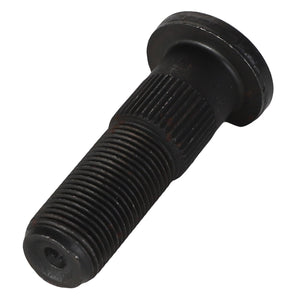 A black, threaded, metal AGCO Bolt - 700728135 with a flat head and a flanged collar, lying horizontally on a white background. Commonly used in Massey Ferguson models.