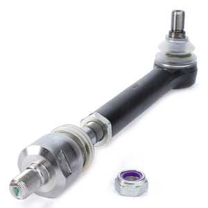 An AGCO Tie Rod & Ball Joint Assy - F334310020600 is shown, featuring a robust metal construction and integrated ball joint. A hex nut is placed nearby.