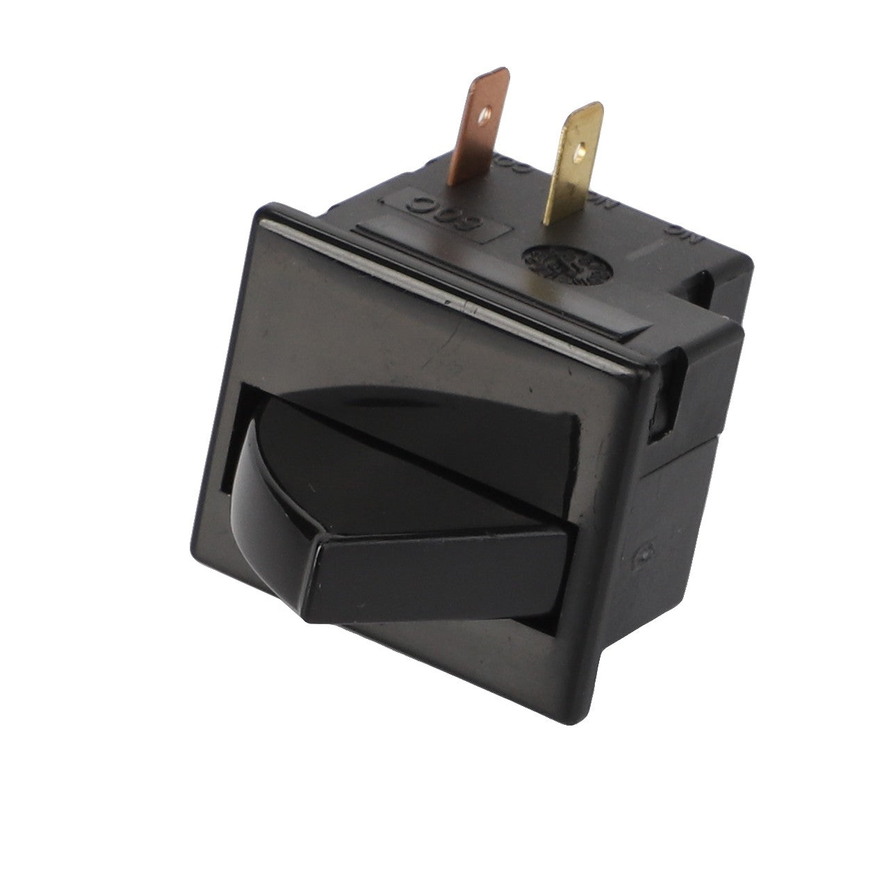 The AGCO SWITCH - CG1194106130 is a sleek, black rectangular rocker switch that features two metal prongs and a discreet ridge on its top surface.