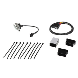 An assortment of AGCO electrical components including an SHUTOFF VALVE - AL5220526, a connector with wires, multiple zip ties, two metal enclosures, and an advanced electrical sensor.