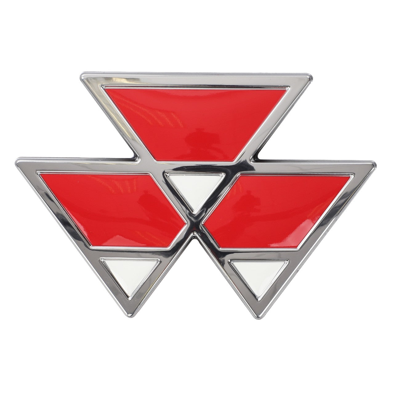 A logo consisting of three intersecting red triangles and three smaller white triangles at the intersections, outlined in metallic silver, commonly found on Massey Ferguson models as AGCO | Decal, Mf Logo - 71423389 by AGCO.