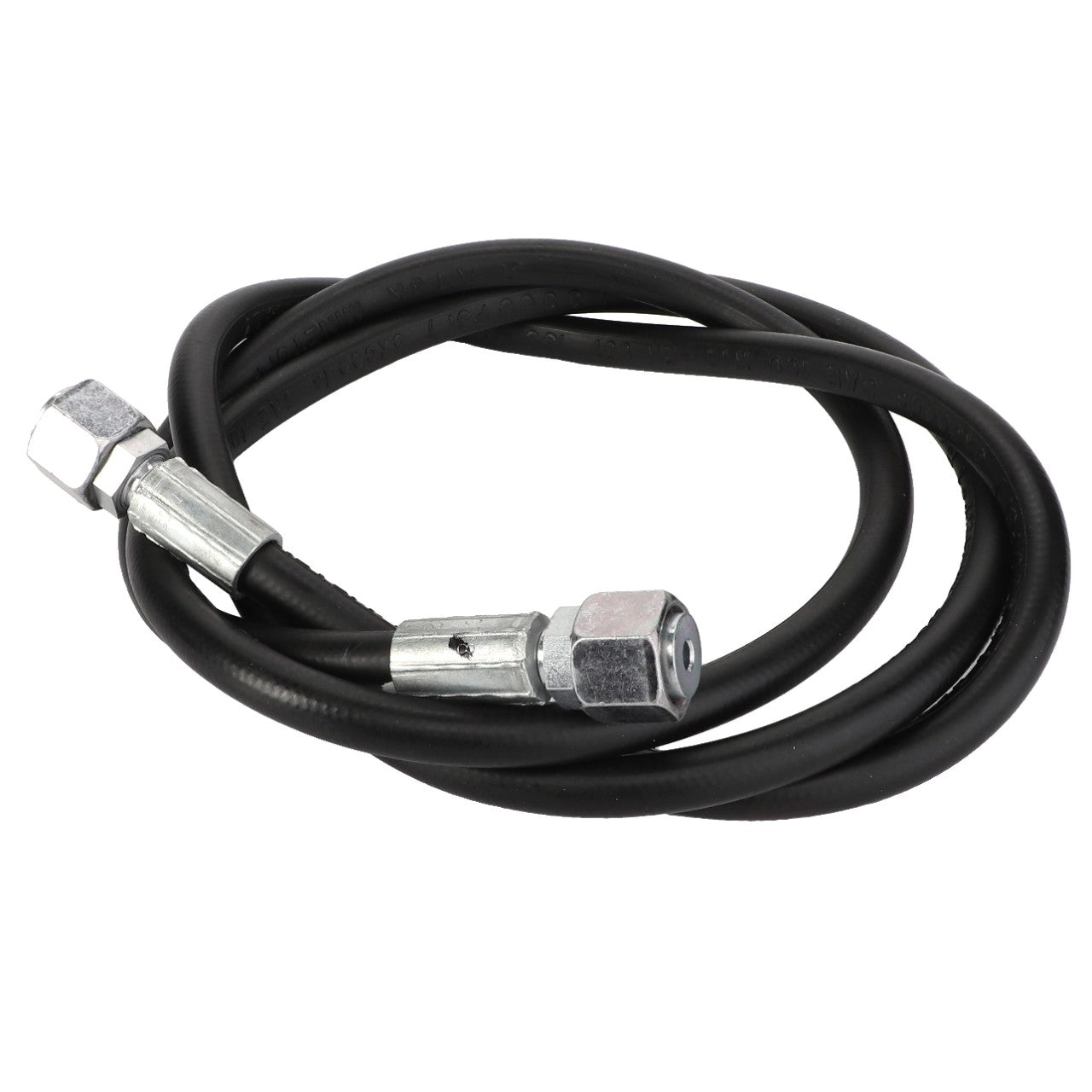 The AGCO | Hose - Acw1806820 is a coiled black hydraulic hose with metal fittings on both ends, specifically designed for fluid transfer in hydraulic systems. Product description information is currently unavailable.