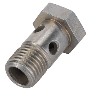 The AGCO | Banjo Bolt - Acp0584980 by AGCO is a metal threaded bolt with a hexagonal head, featuring two evenly spaced holes drilled through its cylindrical body for enhanced functionality.