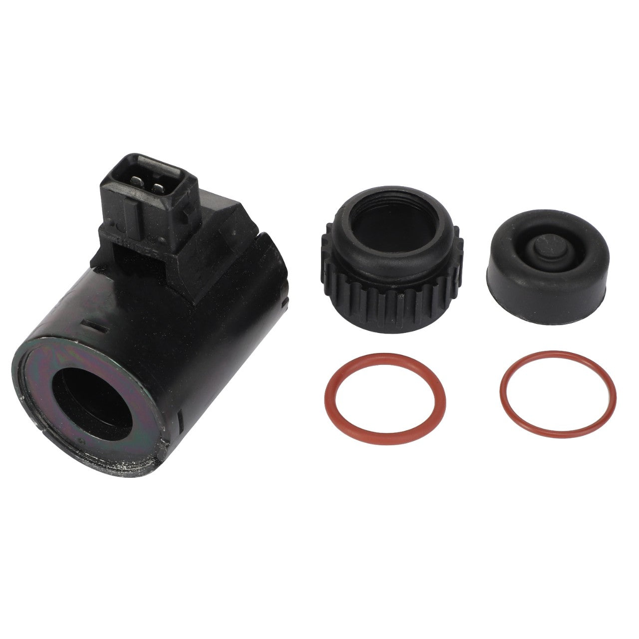 AGCO | Magnet Coil - F816860100070: A black cylindrical car parking sensor with a connector, featuring two red O-rings, a ridged black cap, and a black rubber cover. Suitable for Fendt models and arranged on a white background.