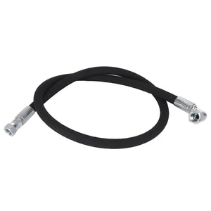 The AGCO HYDRAULIC HOSE - AL9031723, a coiled black rubber hose featuring metal connectors on both ends, is ready for any task.