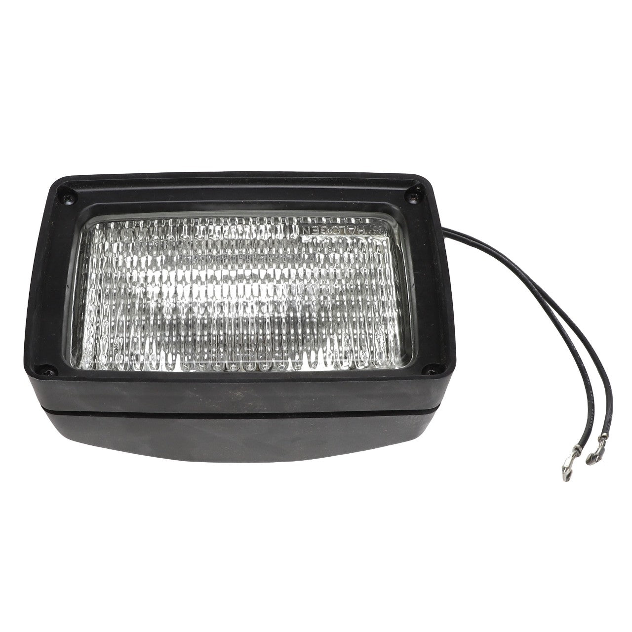 The AGCO | FLOOD LIGHT - AG213231 is a rectangular outdoor light fixture in black, featuring a transparent ridged front cover and two attached black wires. No current product description information available.