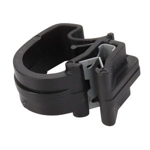 The AGCO | CABLE HOLDER - F931812140450 is a black plastic cable clamp with a metal insert, designed for securing and organizing cables.