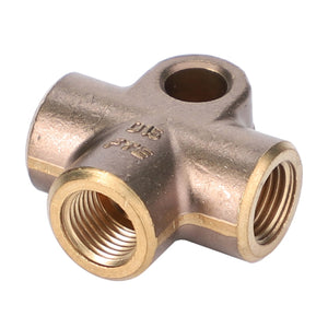 The AGCO TEE FITTING - V30458200 by AGCO is a brass 4-way pipe fitting with a central hole and threads on each end, providing versatile connection options for various plumbing configurations.