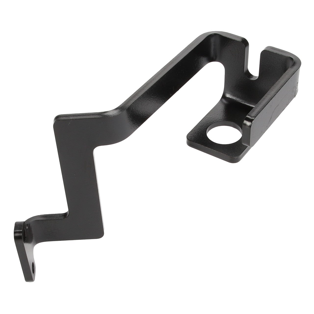 The AGCO | Bracket - Acw1408020 by AGCO is a black, metal bracket featuring a flat base, two mounting holes at the ends, and a raised section with an additional mounting slot. No current product description information available.