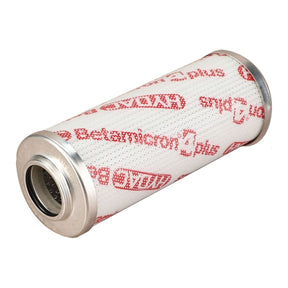 Close-up of the cylindrical AGCO Hydraulic Filter Cartridge - V35361500, featuring red text and patterns on its white surface. One end reveals a visible metal mesh.