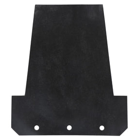 The AGCO | Rubber Strip - Fel200057, produced by AGCO, is a black rubber sheet with a trapezoidal shape, featuring three holes along the bottom edge and a uniform surface texture. It's ideal for use with Fendt Models.
