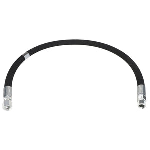 The AGCO | HYDRAULIC HOSE - AG133663, a black flexible hose with metallic fittings on both ends, is displayed in a curved shape against a white background. No current product description information is available.