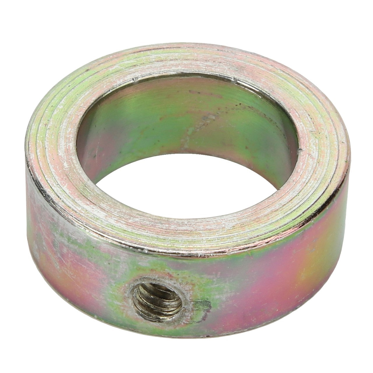 A round, metallic ring with a threaded hole in its side, featuring a multicolored, slightly iridescent surface. Product Name: AGCO | BUSH - D28270233 by Brand Name: AGCO.