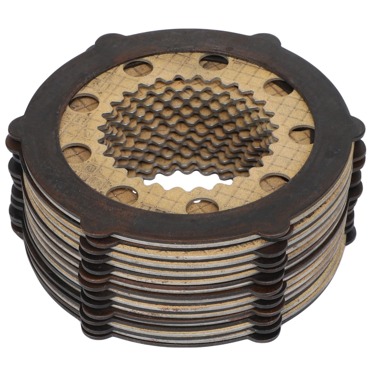 A set of fins from AGCO, identified by part number F835300020810, featuring a circular arrangement of metal and composite clutch plates with textured surfaces and a central hole.