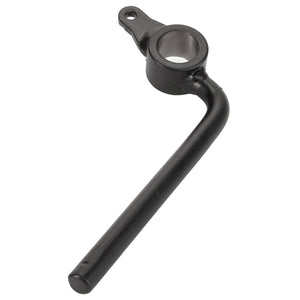 The AGCO | Lever - Acp0337350 is a meticulously designed black metal lever arm featuring a circular bracket at one end and a small hole at the top of the bracket, crafted for precision.