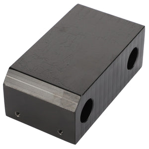 The AGCO Adjusting Shim - 4280248M1, by AGCO, is a rectangular black metal block featuring two circular holes on its side and two smaller threaded holes on its end surface. This versatile design offers adaptable functionality, although no detailed product description is available.