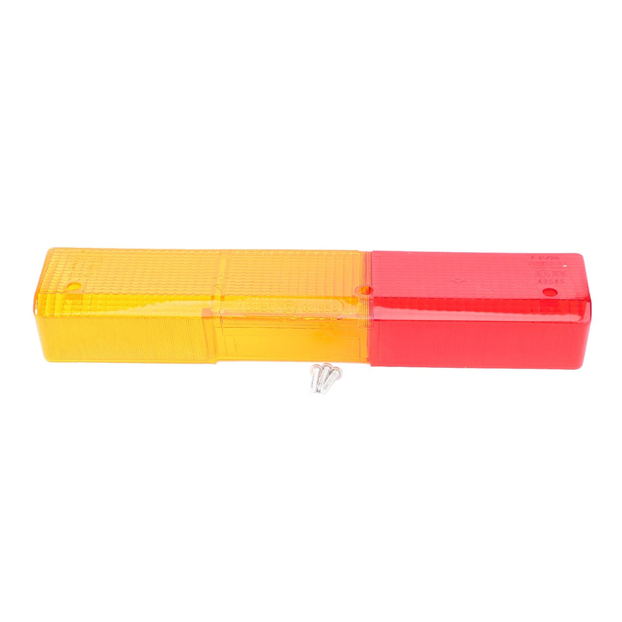 Rectangular red and amber AGCO Lens, Rear, Left Side - 0.009.4483.1 for a vehicle light, fitted with a small set of screws placed beneath it to ensure maximum housing protection and durability.