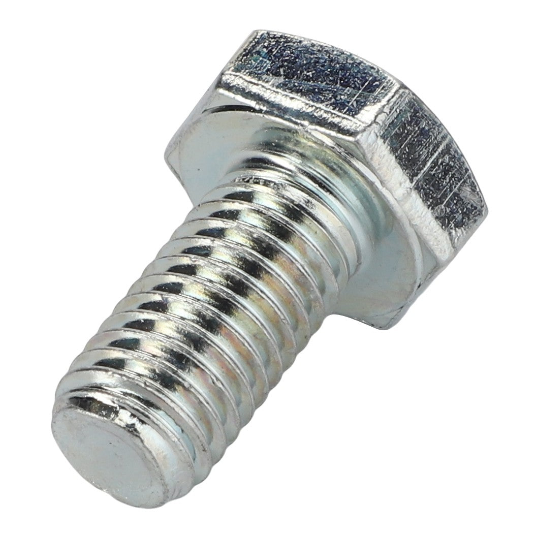 Close-up of a AGCO | HEXAGONAL HEAD BOLT - 0901-21-06-00 with a threaded shaft, positioned at a slight angle against a white background.