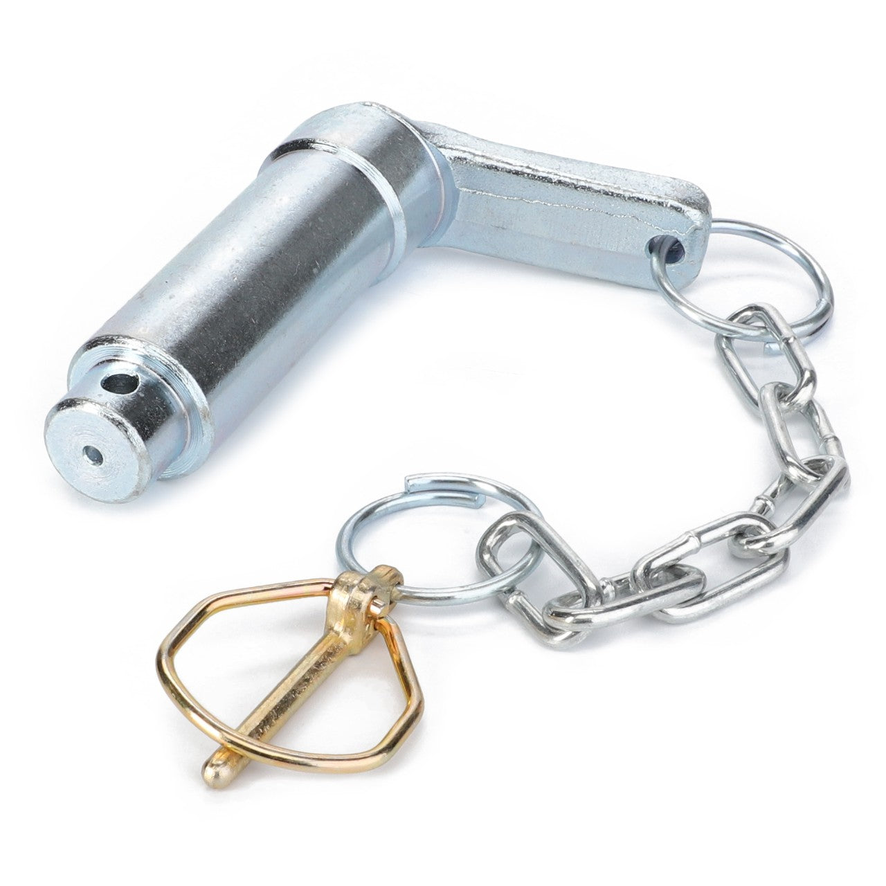 The AGCO PIN AND CHAIN - F835500165040 features a cylindrical, silver metal locking pin with an attached chain and a golden key ring.