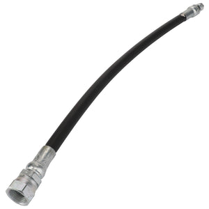 The AGCO Hydraulic Hose - Acp0100790 is a black flexible hose with metallic connectors on both ends, ideal for fluid transfer or seamlessly integrating into mechanical systems.