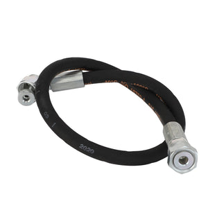 The AGCO | Hydraulic Hose - 6316658M91 is a black rubber hydraulic hose featuring metal fittings on each end and is coiled in a circular shape. No current product description available for this product.