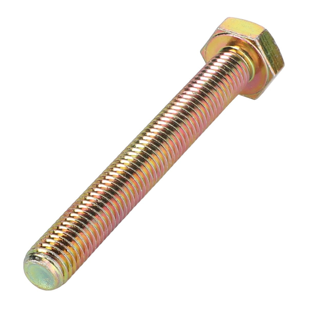 An image of the AGCO Hexagonal Head Bolt - 390122X1 in a gold finish, featuring a threaded shaft ideal for securing components on Massey Ferguson models.