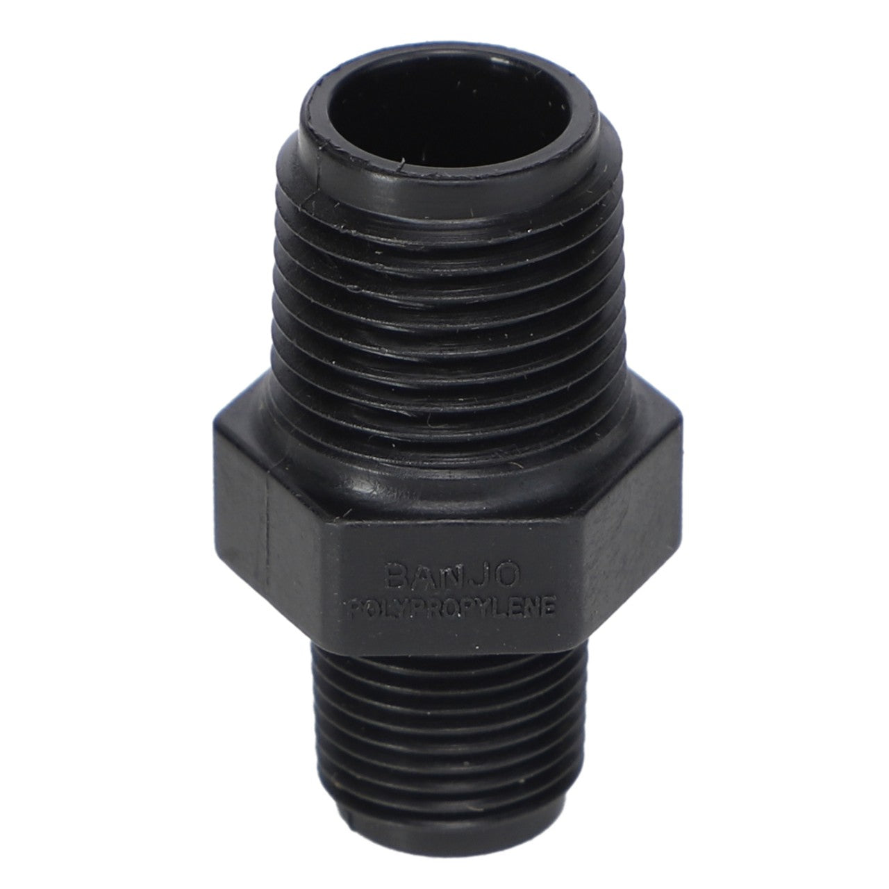 A black, threaded AGCO polypropylene pipe fitting with "AGCO" and "POLYPROPYLENE" embossed on its side. For more details or assistance, please reach out to our support team.