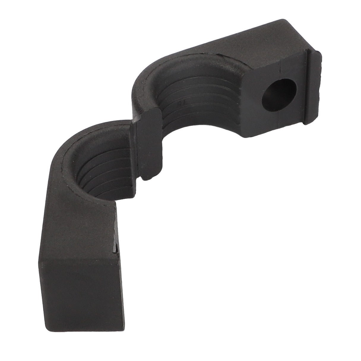 The AGCO | Clamp - Acp0666800, a black, U-shaped pipe clamp from AGCO, features a rounded inner surface and a hole on one end. Although there is no current product description available, it efficiently secures pipes in place with its robust design.