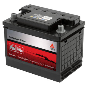 The AGCO | AGCO Parts Battery - 3931019M1 is a black, heavy-duty battery featuring multiple labels and tags such as "The Genuine Choice," "Heavy Duty Battery," and "Maintenance Free." It prominently displays the AGCO Parts logo on the side, underscoring its diesel-approved capability and start-stop technology.