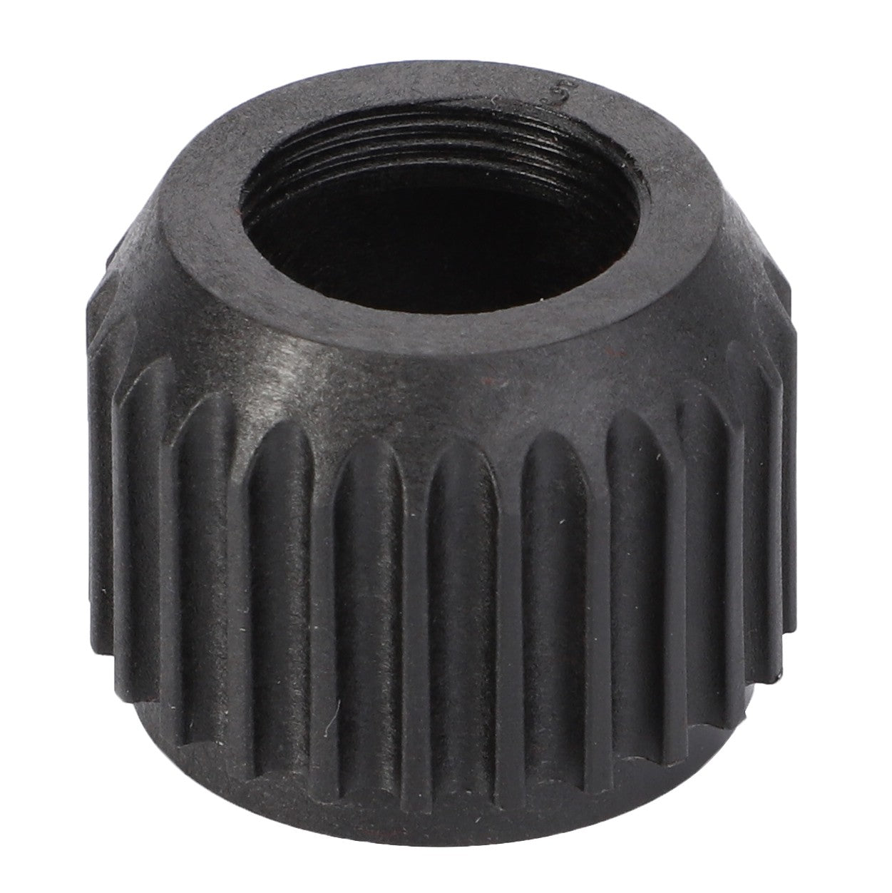 Close-up of the AGCO Connecting Nut - F916961020020, a black plastic threaded cap with vertical ridges running from the base to the top, featuring precise craftsmanship and a durable design.