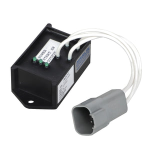 Introducing the AGCO | MODULE - AG125069: a sleek black rectangular electronic component featuring a gray connector and three neatly attached white wires. Clearly marked labels indicate power, ground, and output connections.