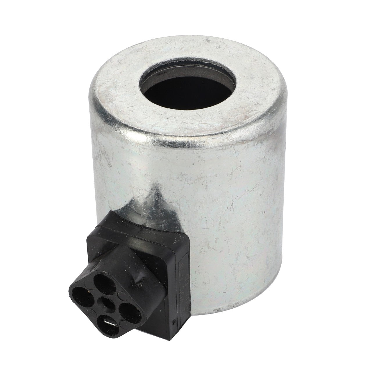 The AGCO | SOLENOID - AL516098, a cylindrical metal component featuring a central hole and a four-pin electrical connector at its base, is ideal for solenoid applications due to its robust design.