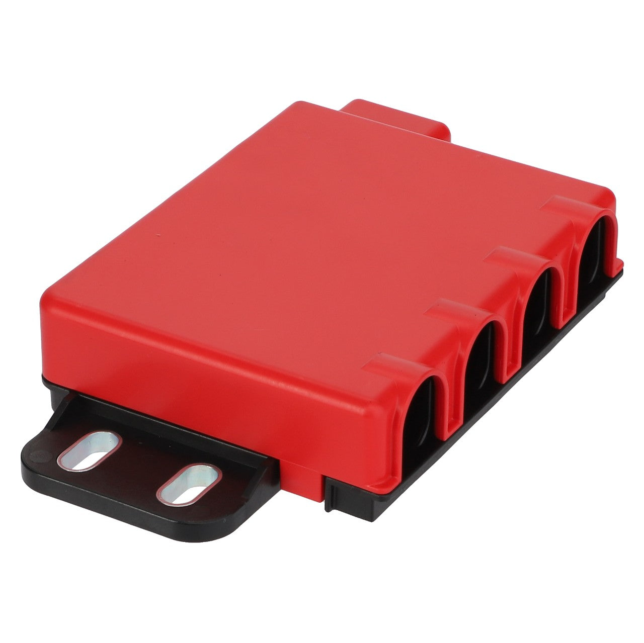 The AGCO Fuse Box - Acw4003450 is a red plastic electrical connector housing that features four cable entry slots, two mounting holes, and is mounted on a black base.