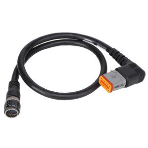 The AGCO | WIRE HARNESS - ACZ000034C is a black cable featuring a circular connector on one end and a rectangular connector on the other, commonly used for transmitting data or power between electronic devices.