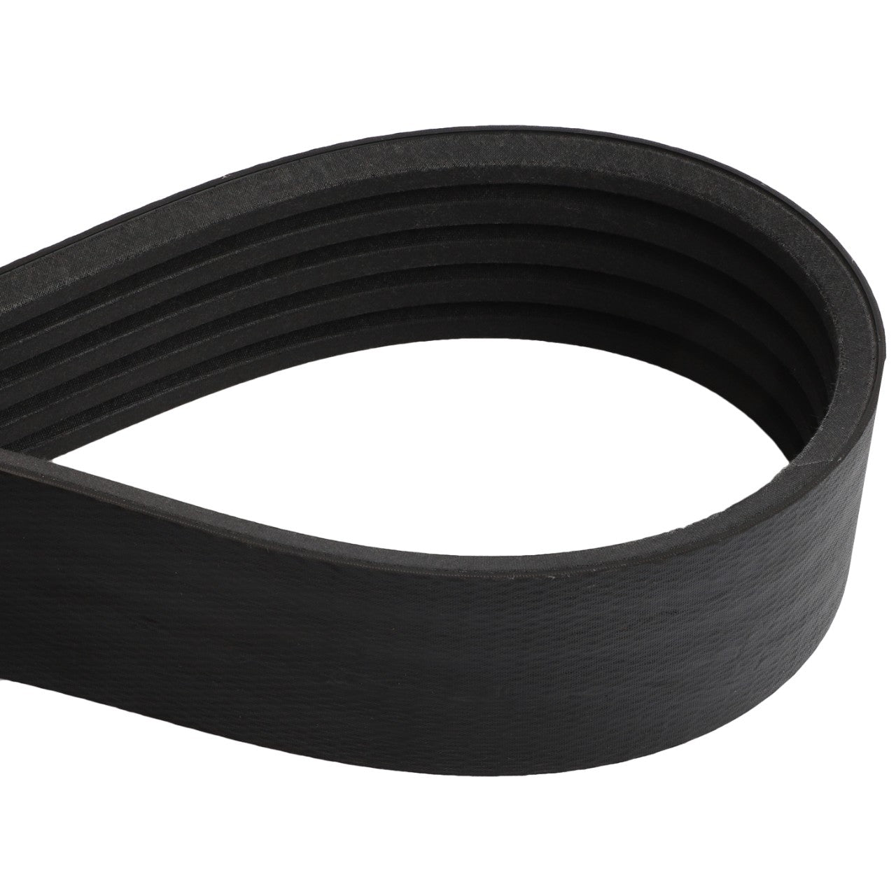 A close-up image of the AGCO | BELT - D41990060, a black, multi-ribbed serpentine belt in a looped shape from the brand AGCO. Product description information is currently unavailable.