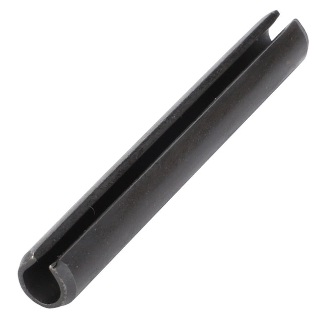 A close-up view of the AGCO Roll Pin - La14610970, a cylindrical black metal pin featuring a slit running along its length.