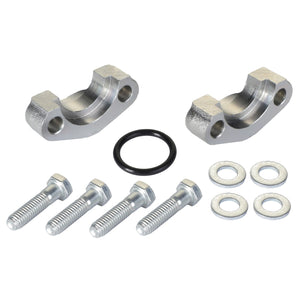 AGCO's FLANGE KIT AG519622 features two sturdy metal brackets, an O-ring, four durable bolts, and four sturdy washers meticulously arranged on a pristine white background.