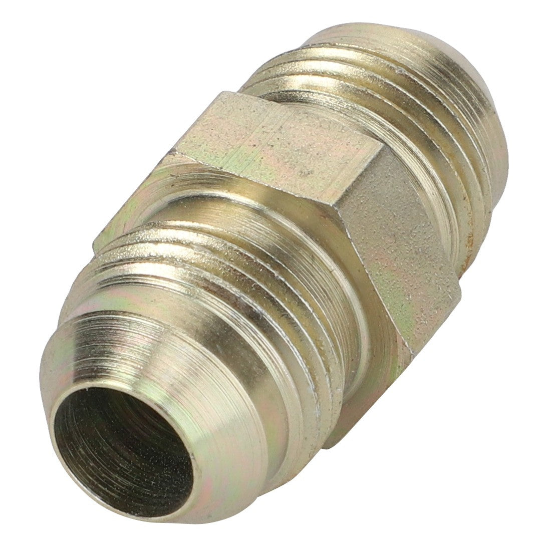 The AGCO ADAPTER - AG561780 is a cylindrical metallic pipe fitting featuring threaded ends and a central hexagonal section for tightening.