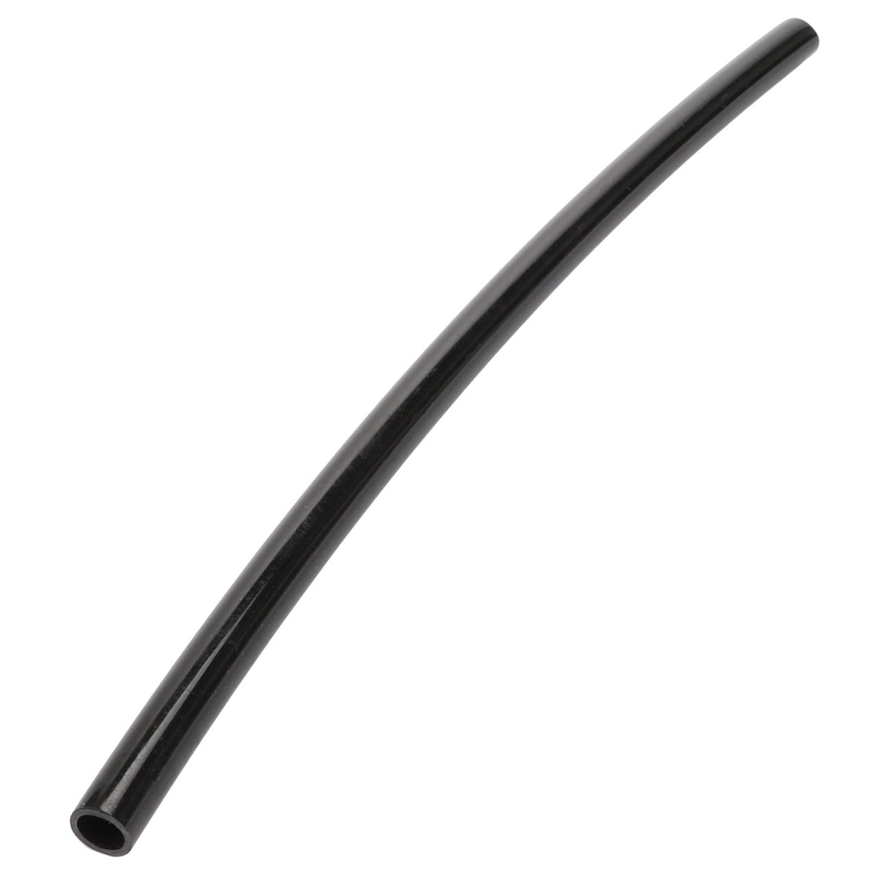 The AGCO Air Tube - Acv0232010, a black, flexible plastic tube with a smooth surface and a hollow interior, is showcased against a stark white background.