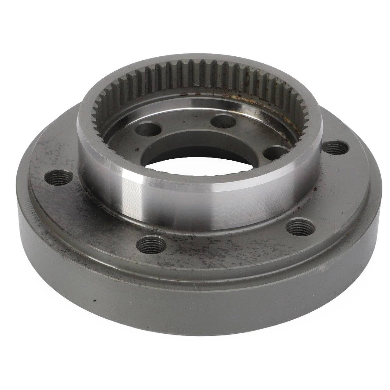 Introducing the AGCO | Flange - 716150200112, a metal, circular machine part featuring a toothed inner ring and multiple holes on its flat surface, designed to fit seamlessly into Massey Ferguson Models.